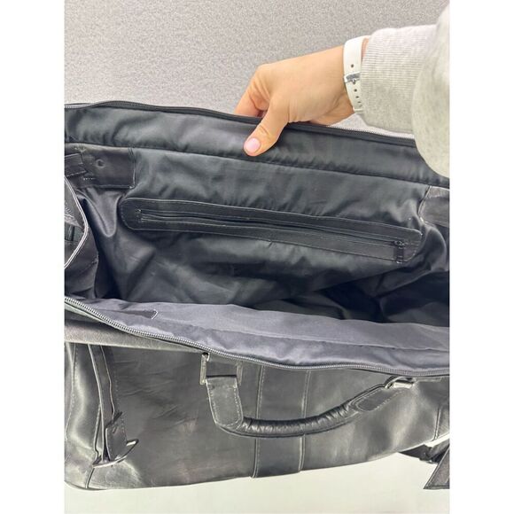 Unbranded Top Grain Leather Black Buckled Carpet Bag Duffle Bag - Picture 9 of 10